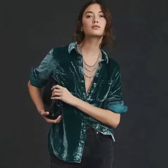 Pilcro Tops - Anthropologie Pilcro Relaxed Green Velvet Button Down Blouse Top
